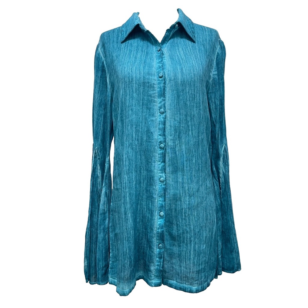 Rococo Sand Vita Long Bell Sleeves Button Down Teal Shirt Size Small